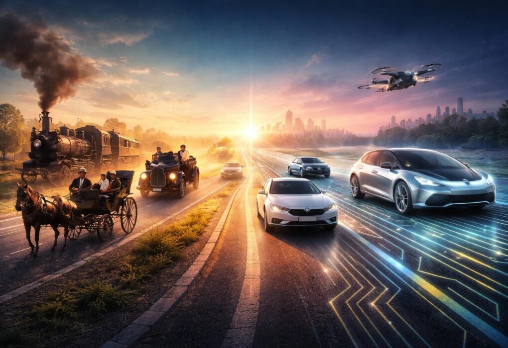 Korhű járművek sziluettjei és a közlekedés fejlődésének lenyűgöző története, időutazás macskaköveken