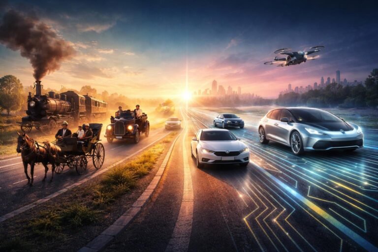 Korhű járművek sziluettjei és a közlekedés fejlődésének lenyűgöző története, időutazás macskaköveken