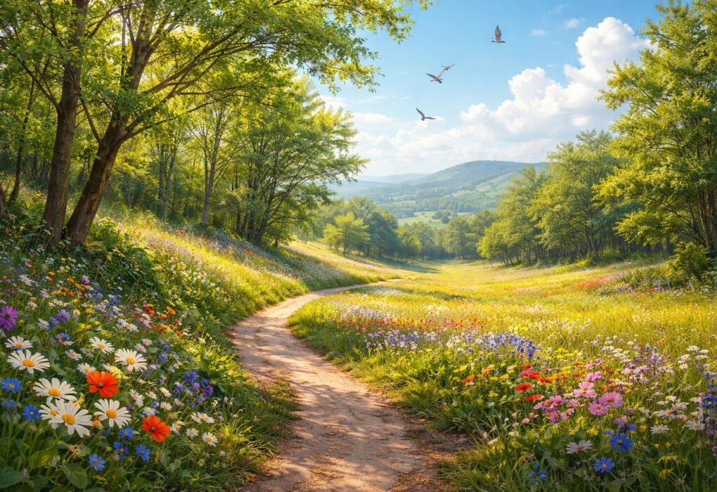 Tavaszi kirándulás virágzó réten, madárdal és friss illatok minden sarkon