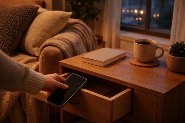 Pihenő esti szoba képernyő nélkül, kioltott telefon és könyv a kezében.